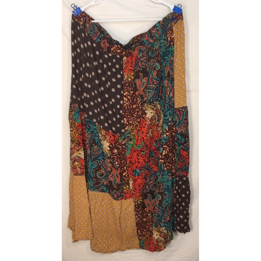 Cato Womens Plus Size 22/24W Patchwork Paisley Floral Maxi Skirt Brown Boho